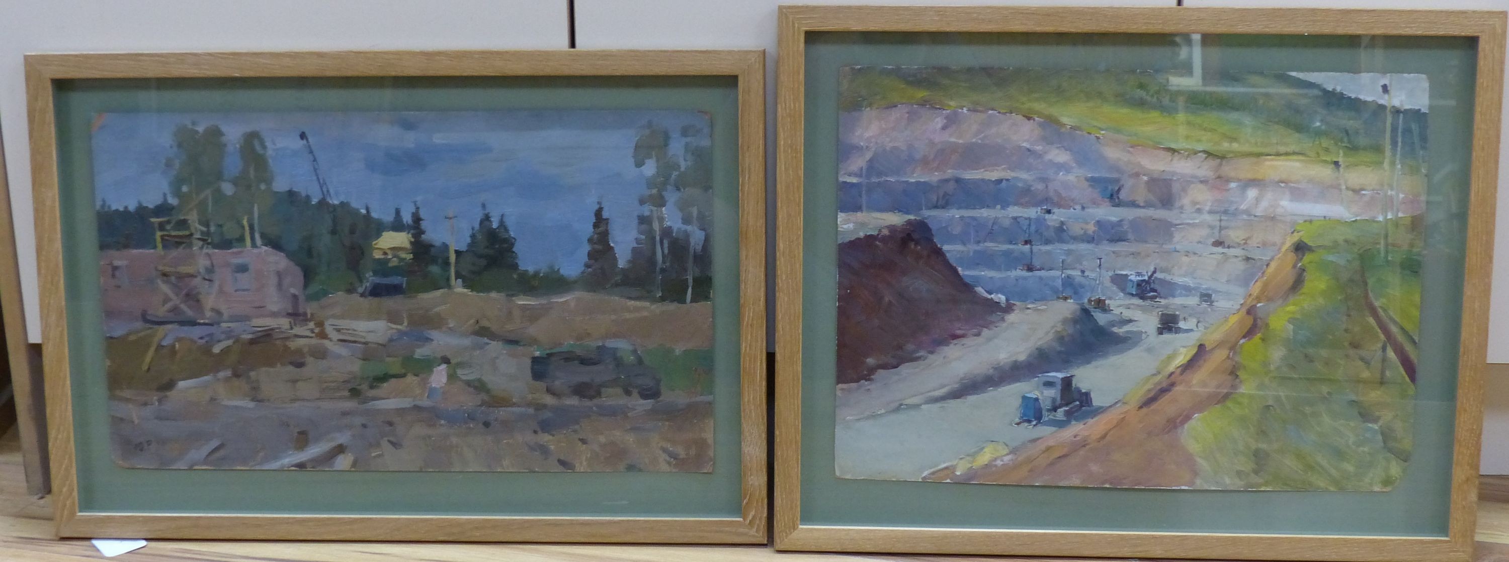 Russian School, two oils on board, View of a quarry and a similar construction scene, one monogrammed, 35 x 48cm and 30 x 52cm